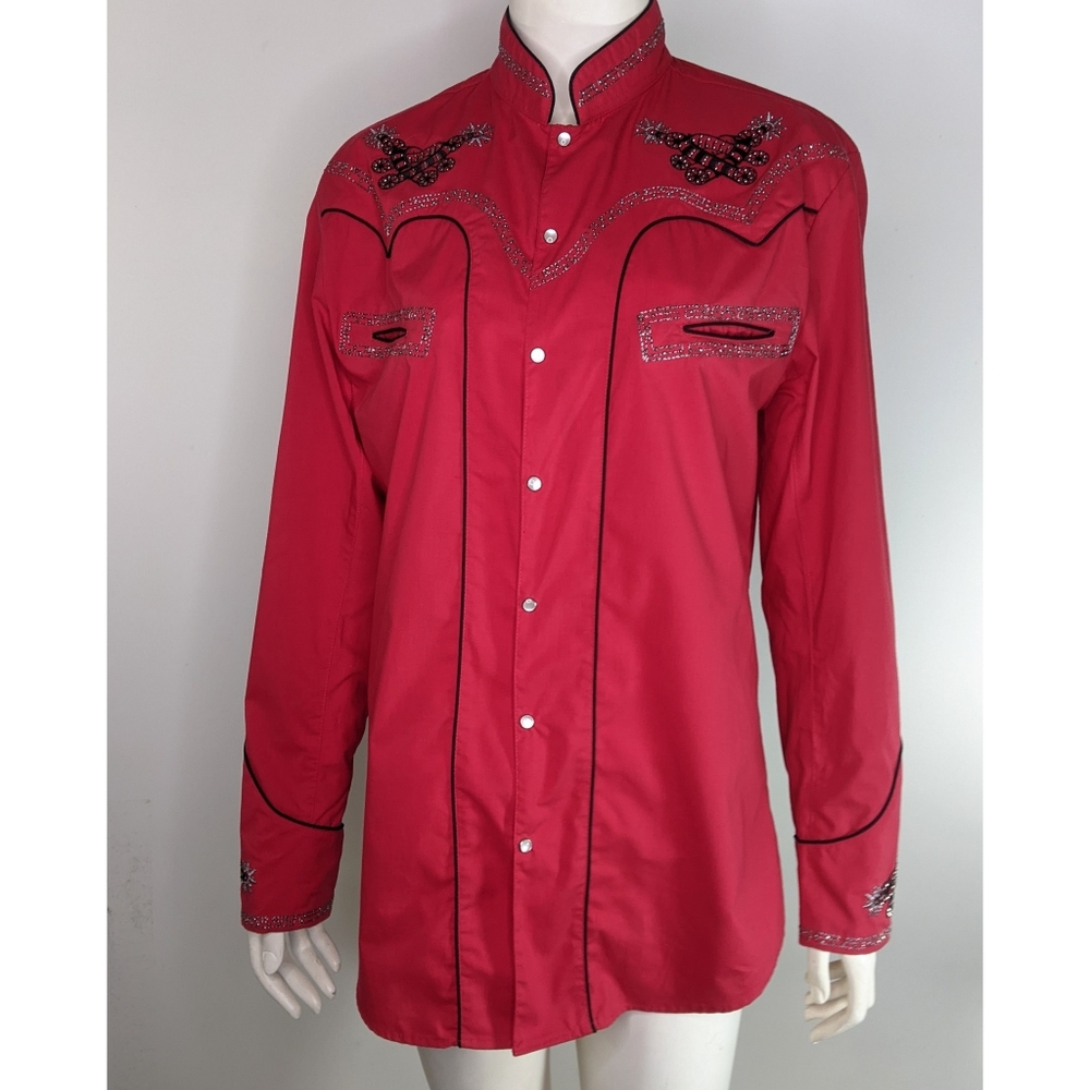 Unisex Red Western Pearl Snap Embellished Shirt Small Southwestern - Picture 1 of 11